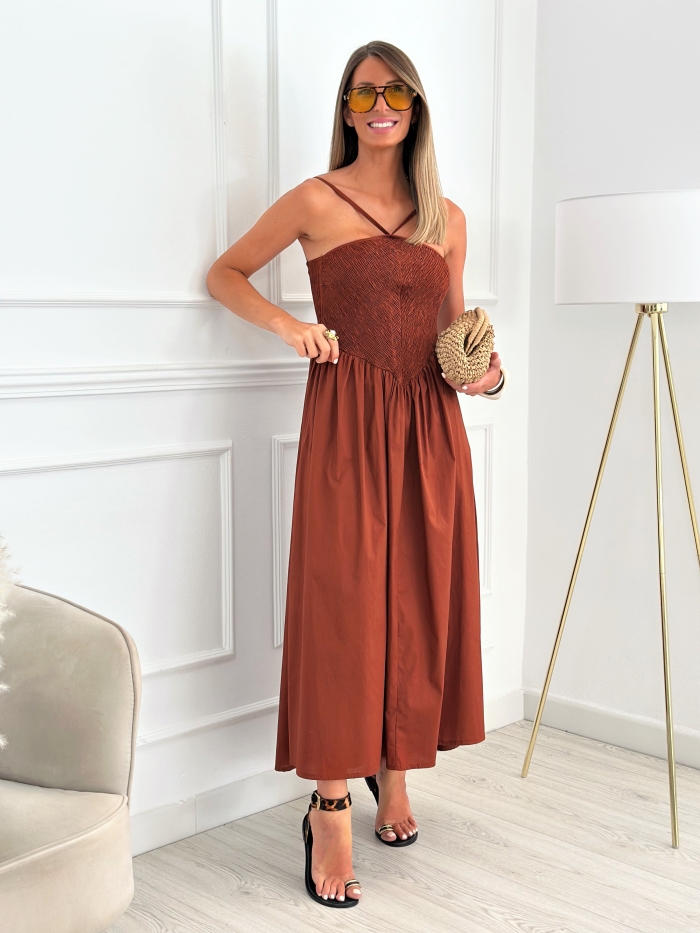Vestido Nido De Abeja Almina Teja
