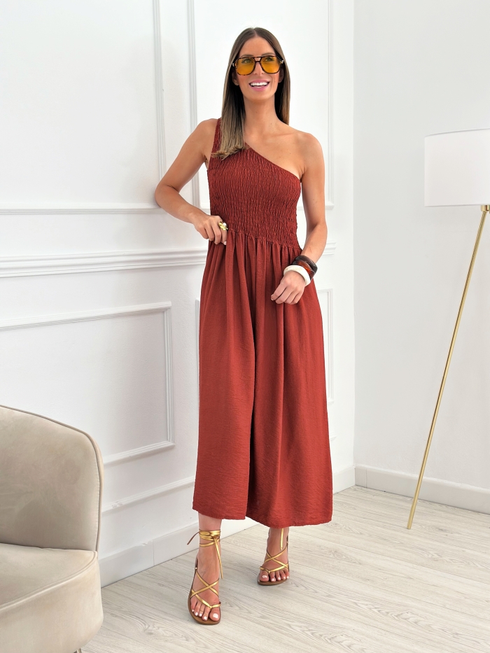 Vestido Nido De Abeja Asimétrico Teja