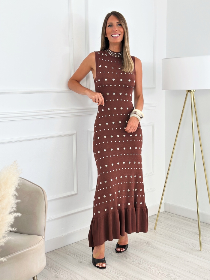 Vestido Punto Tachas Chocolate