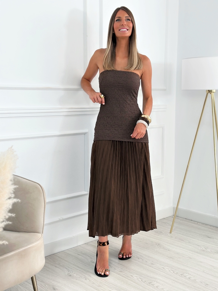 Vestido Combinado Plisado Dana Chocolate