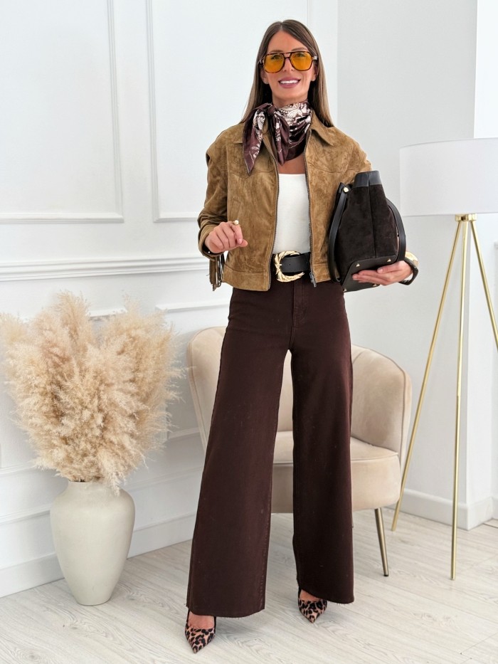 Jeans Wide Leg Deshilachado Chocolate