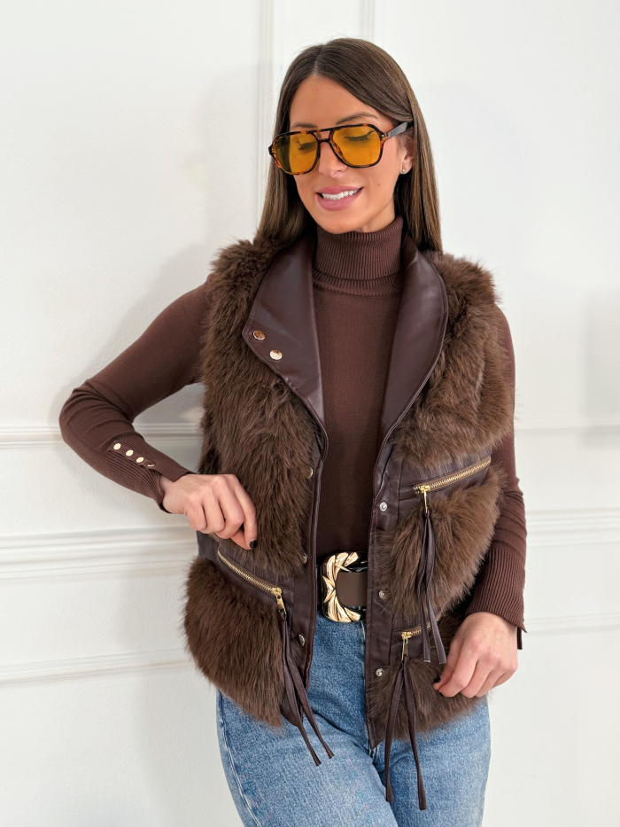 Chaleco Pelo Cremalleras Chocolate