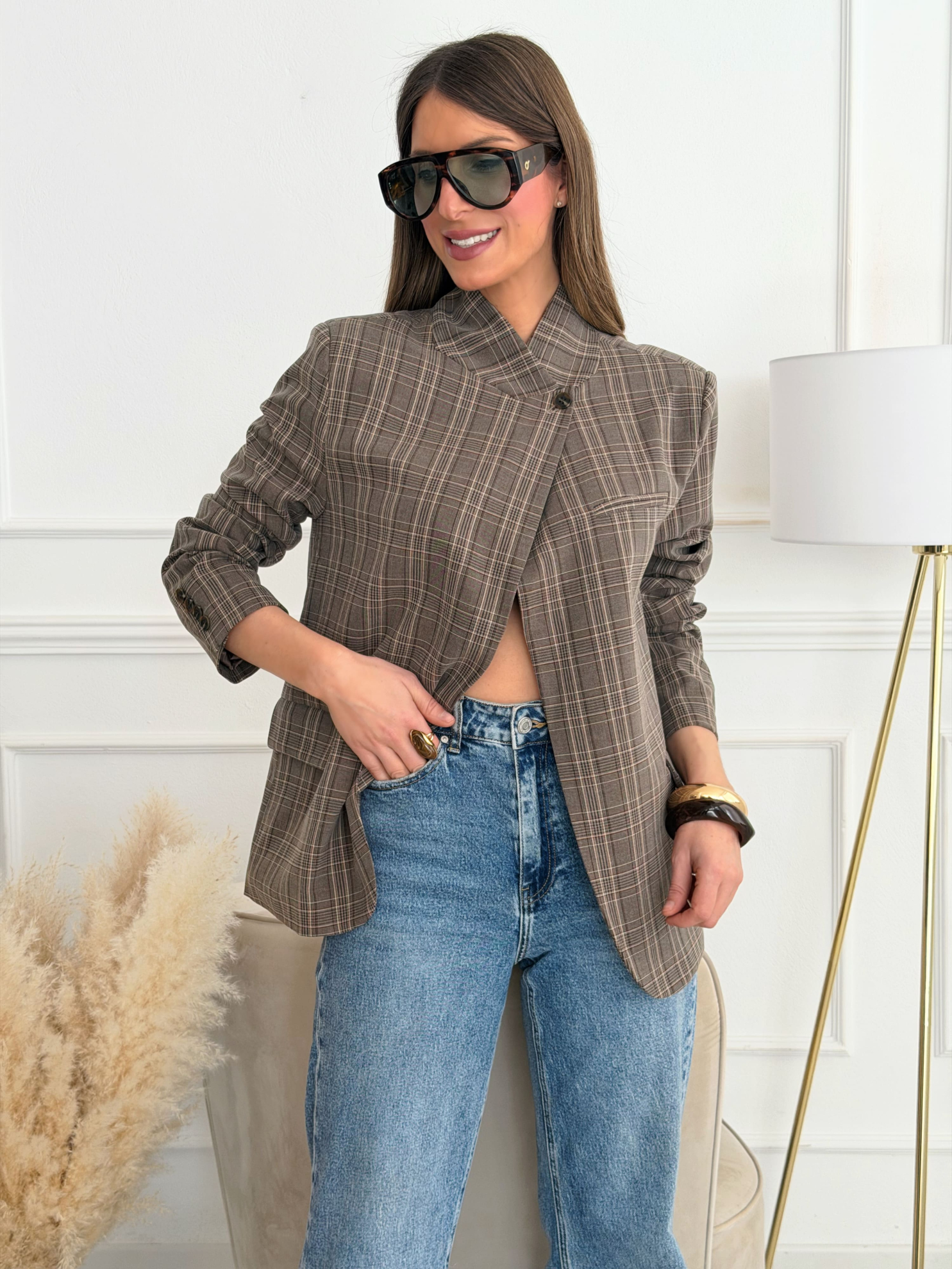 Blazer Cruzada Cuadros Gris