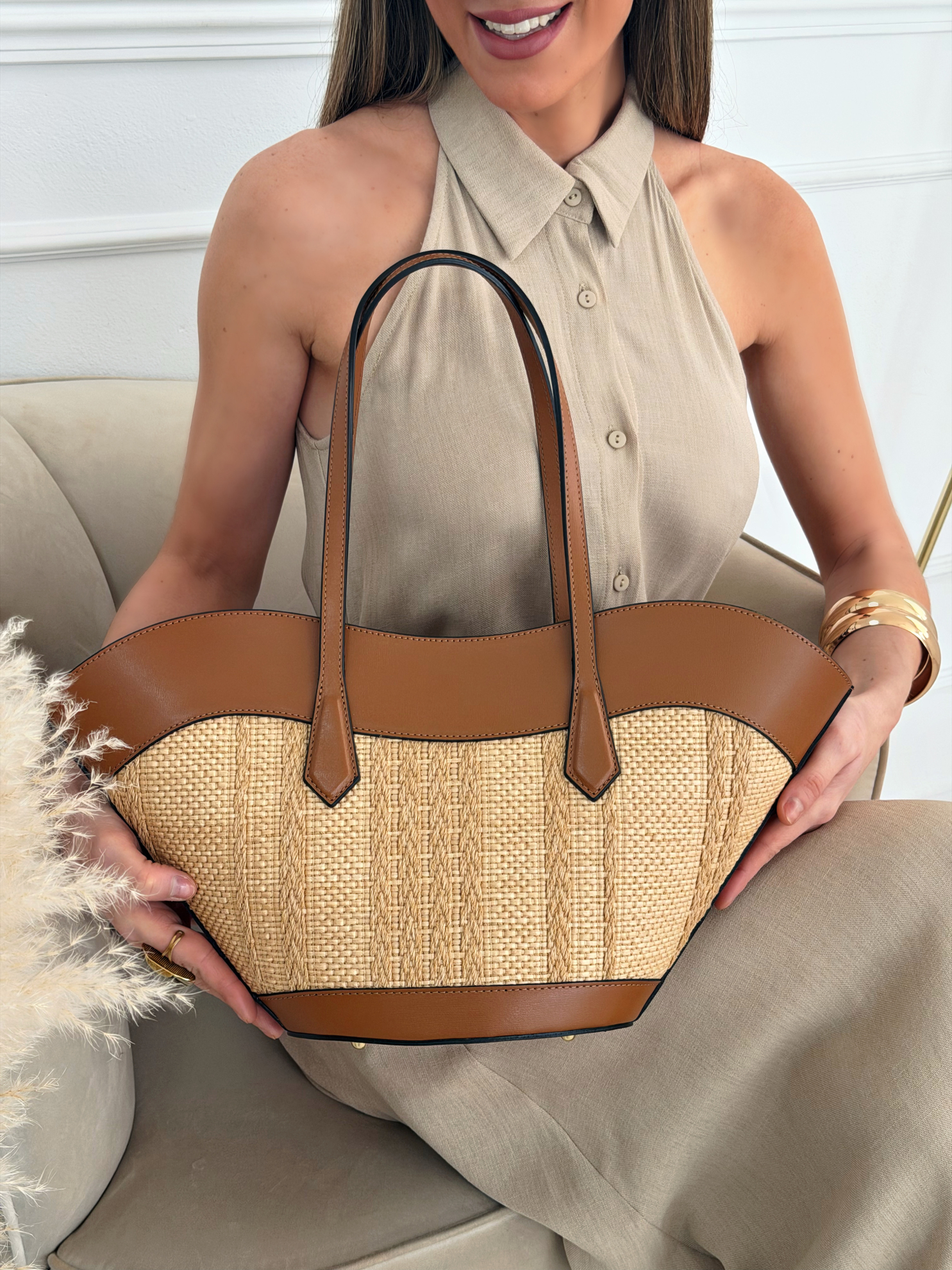 Bolso Capazo Piel Y Rafia