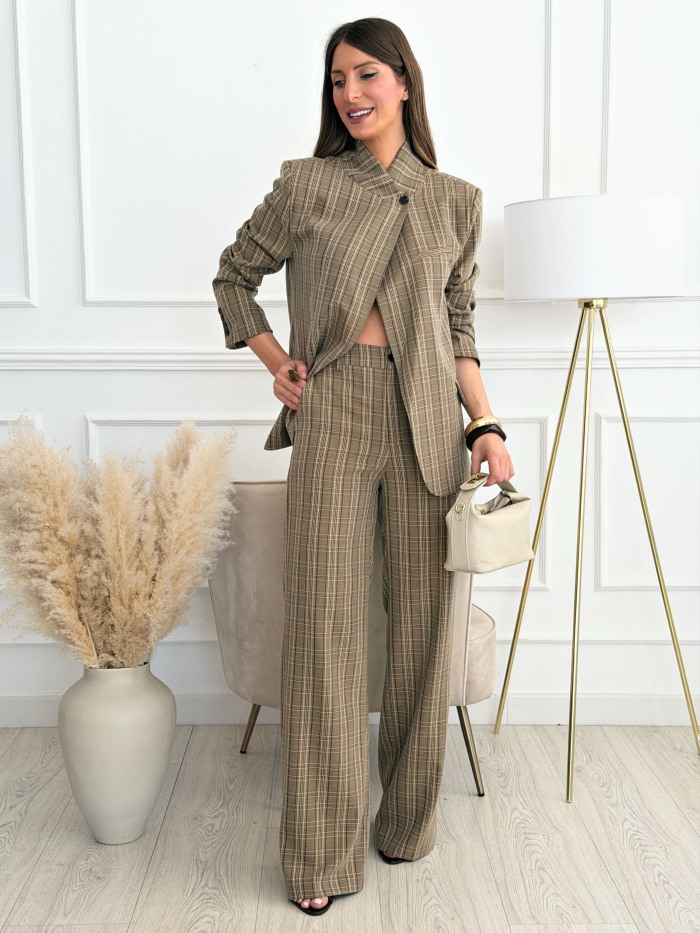 Pantalón Fluido Cuadros Marrón