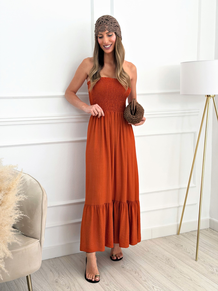 Vestido Palabra De Honor Terracota